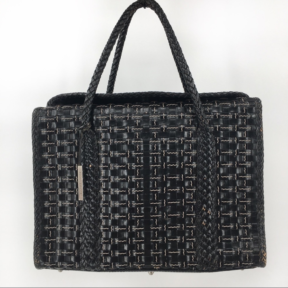 Elliot Lucca Black Leather Basket Weave Hand Bag - Picture 2 of 8